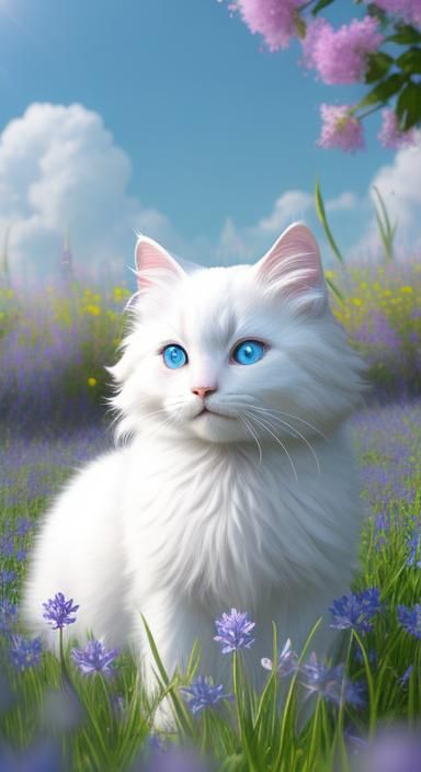 cartoon style, photo-realism, intricate stunning highly detailed fantasy of cute fluffy cheerful white cat in full growt...