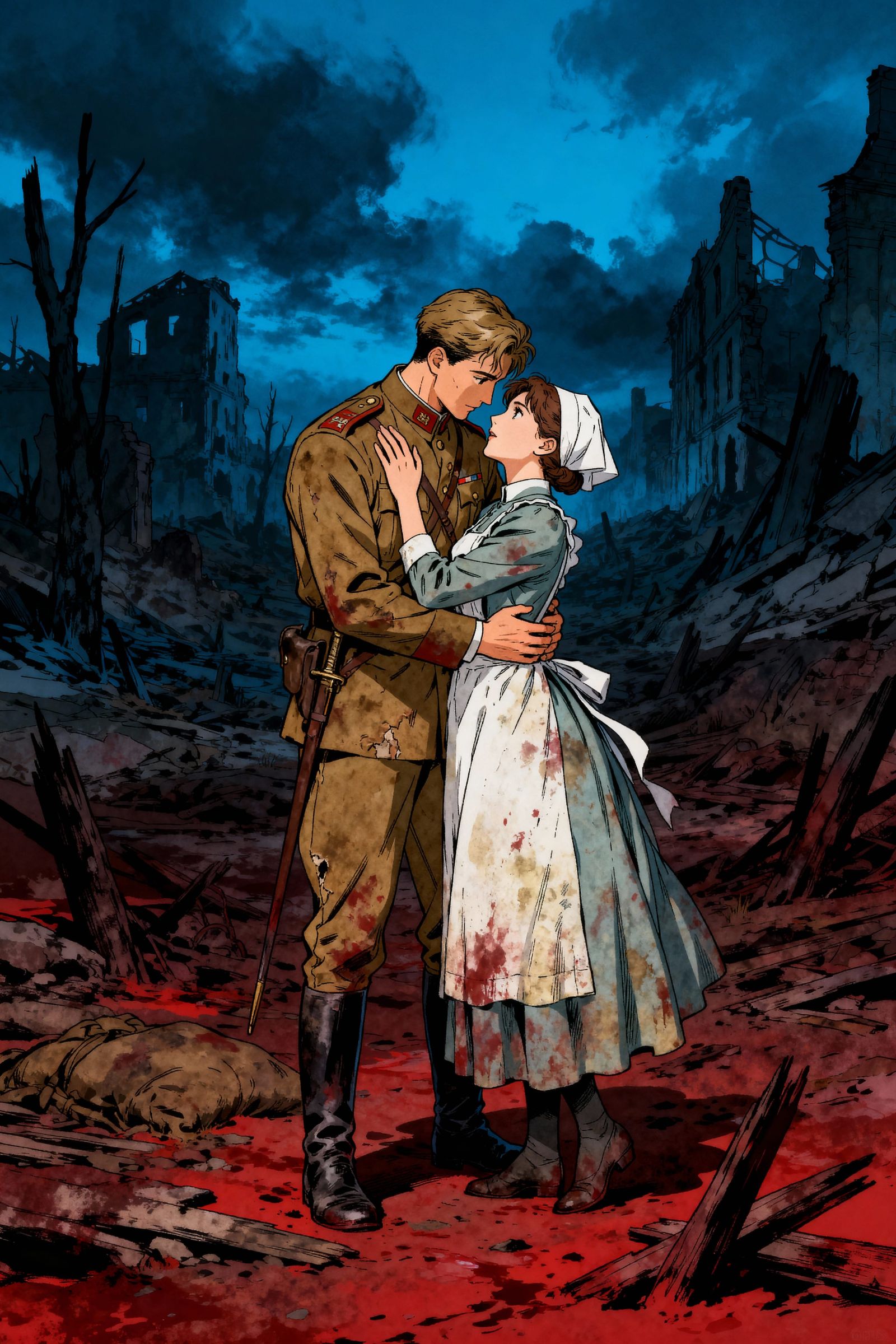 Poignant Love Amidst Ruins in Cel-Shaded Style