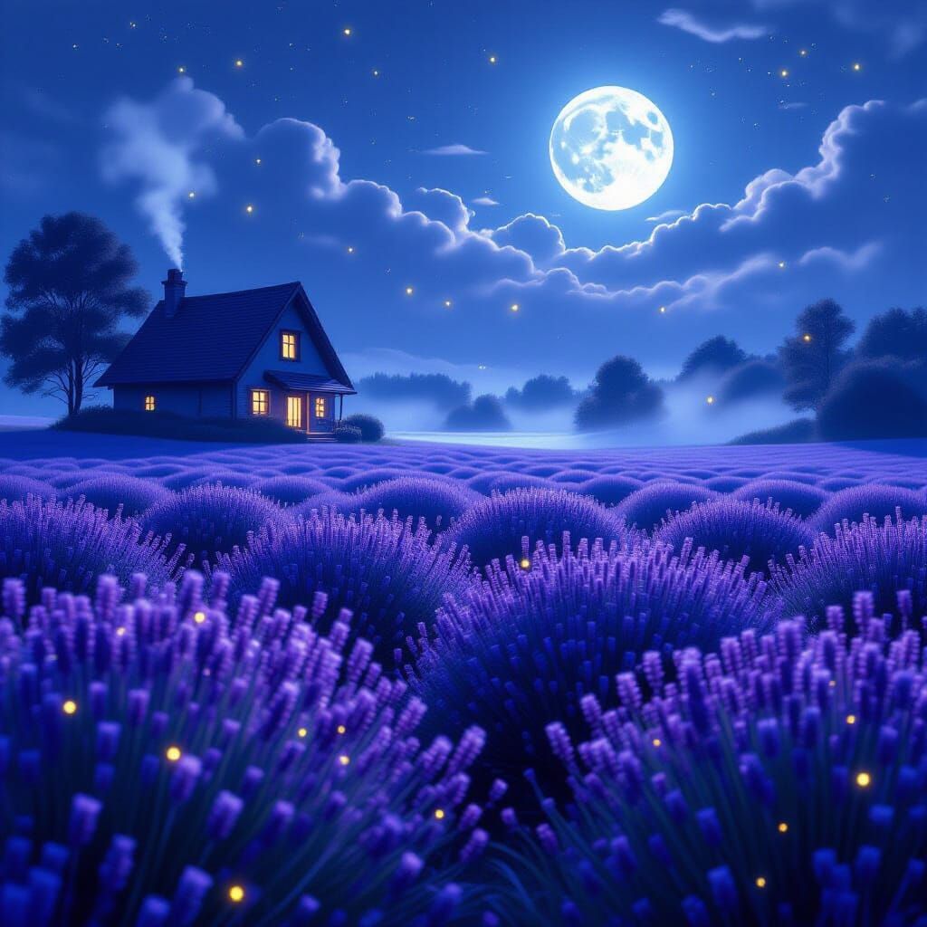 Moonlit Lavender Field Dreamscape in Digital Painting Style