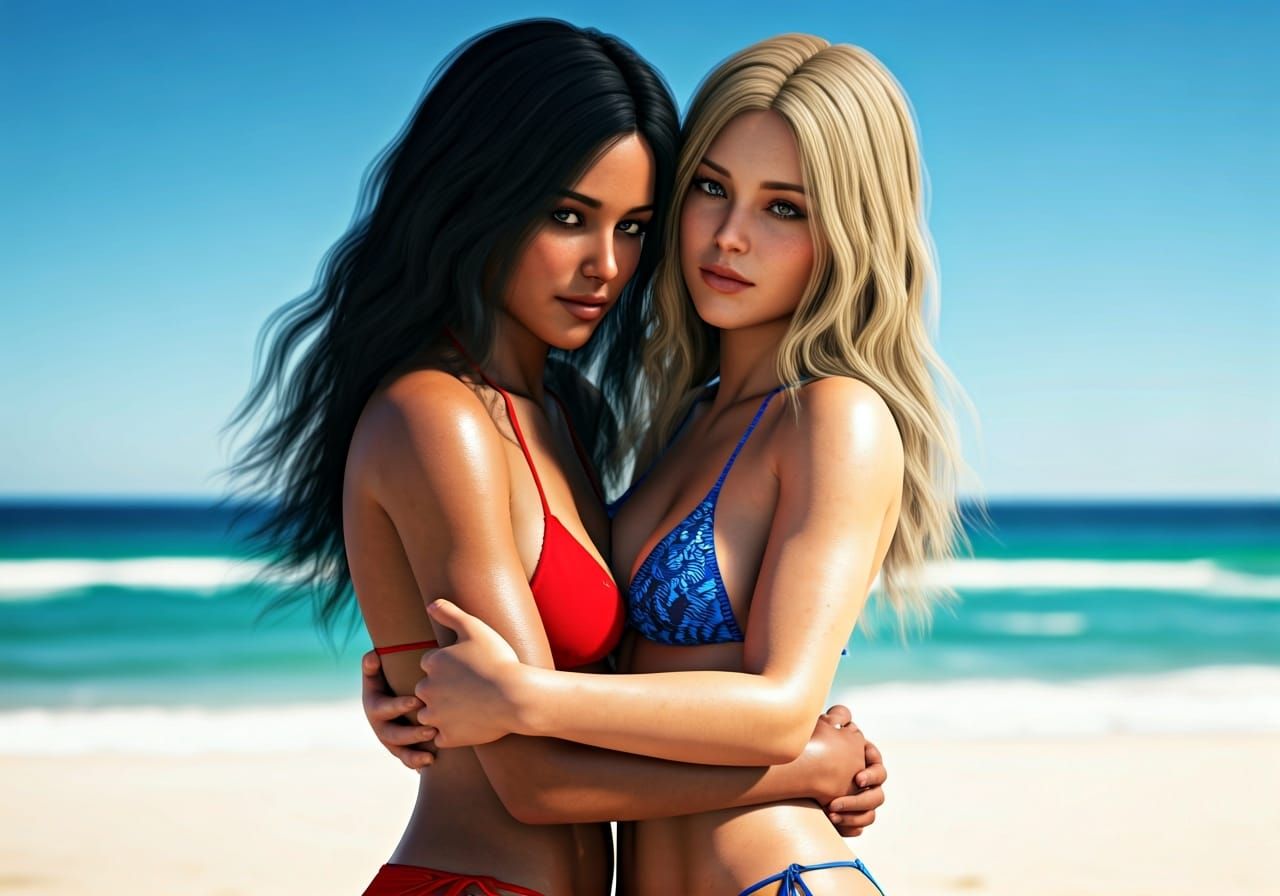 Women Embracing on Sunny Beach in Digital Art Style