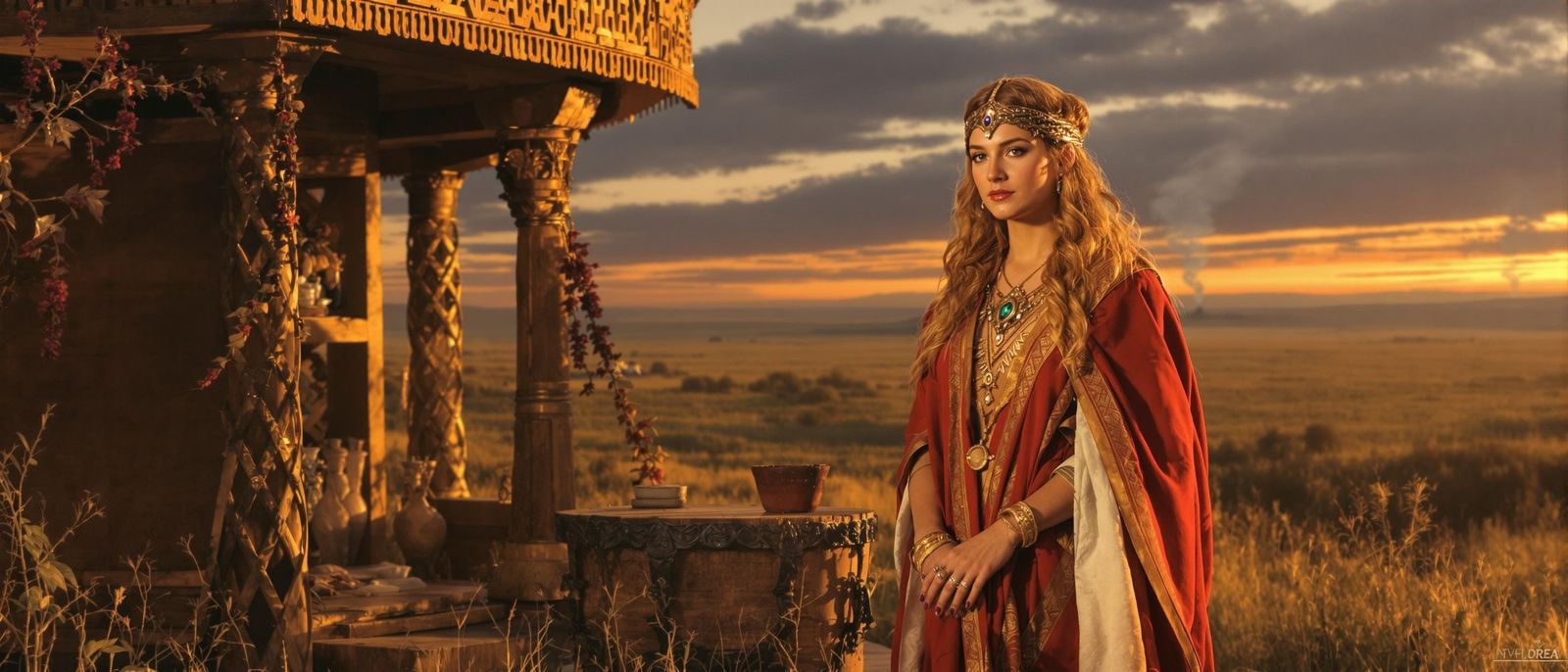 Elegant Sarmatian Priestess before a Portable Altar on the S...