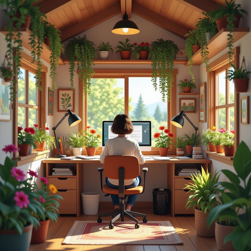 Lush Tiny Home Office Inspired by Studio Ghibli