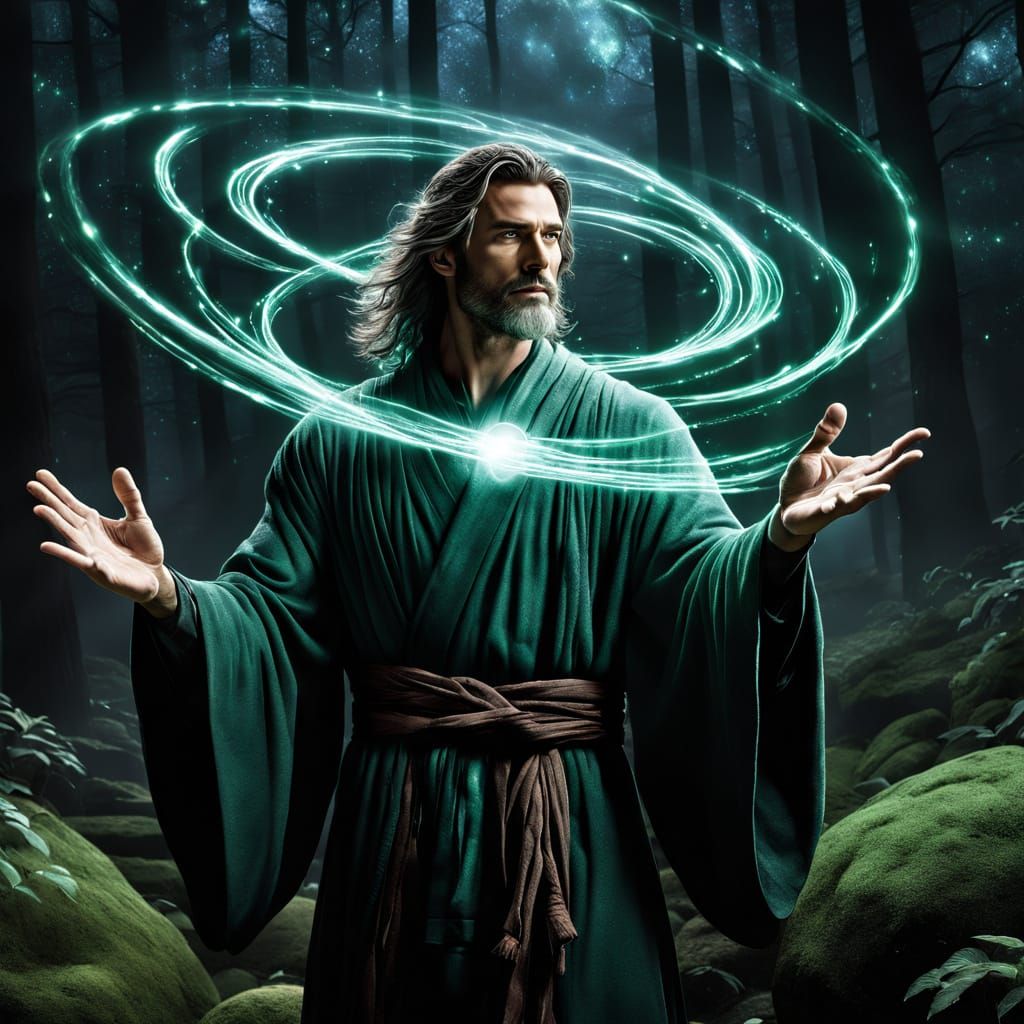 Ethereal Wizard Conjuring Magic in a Mystical Forest