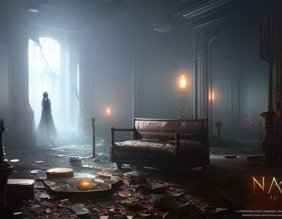 Eerie Glowing Ghost in Haunted House, Fine Art