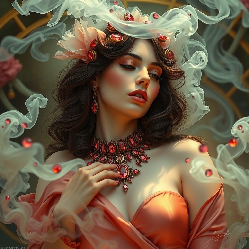 Woman in Smoke with Ruby Jewels, in Art Nouveau Style