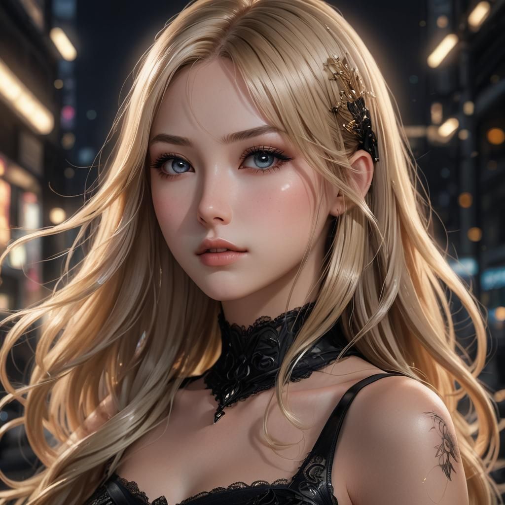 Anime Style Woman in Black Dress