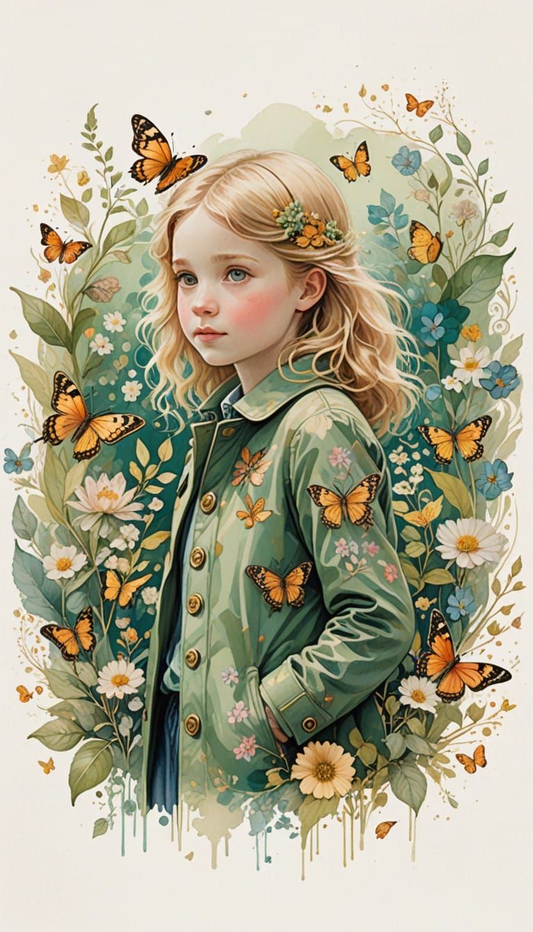 Whimsical Girl Amidst Vibrant Floral Backdrop in Dreamy Styl...