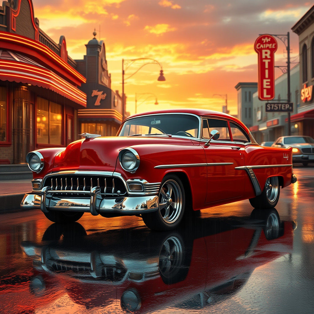 Retro Hot Rod on Rain-Washed Street