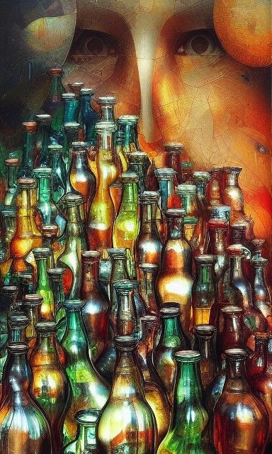 Blown Glass Bottles: Photorealistic Oil Painting