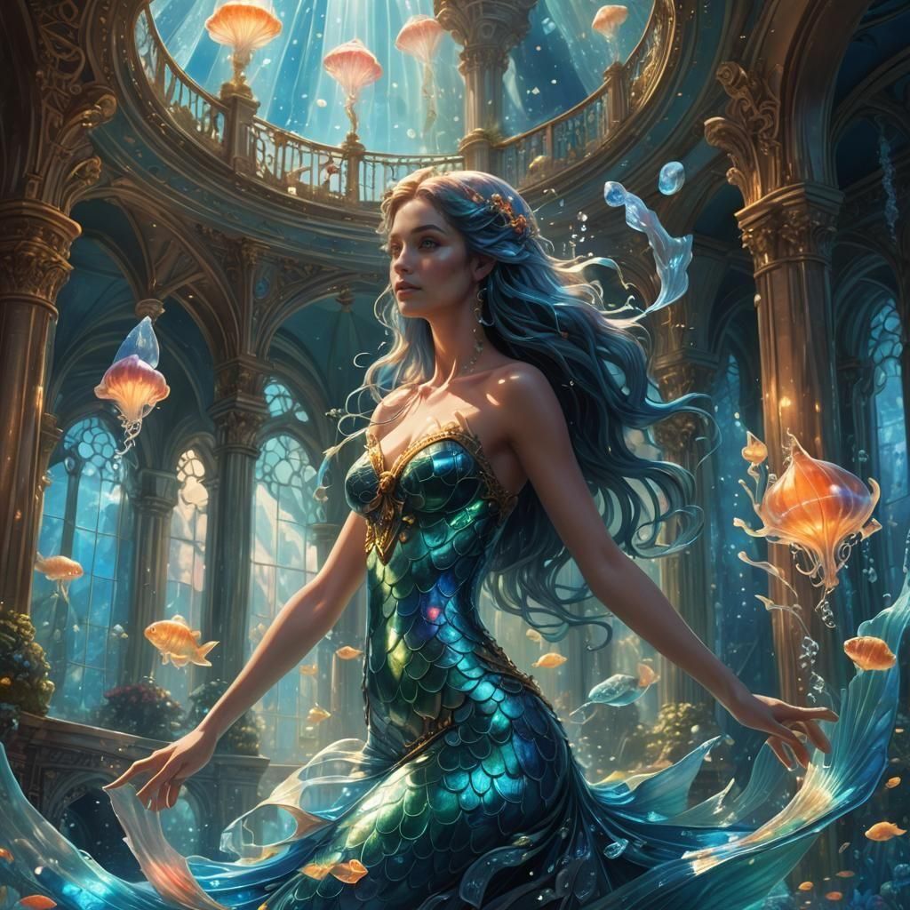 Realistic Mermaid in Underwater Palace: Detailed Matte Paint...
