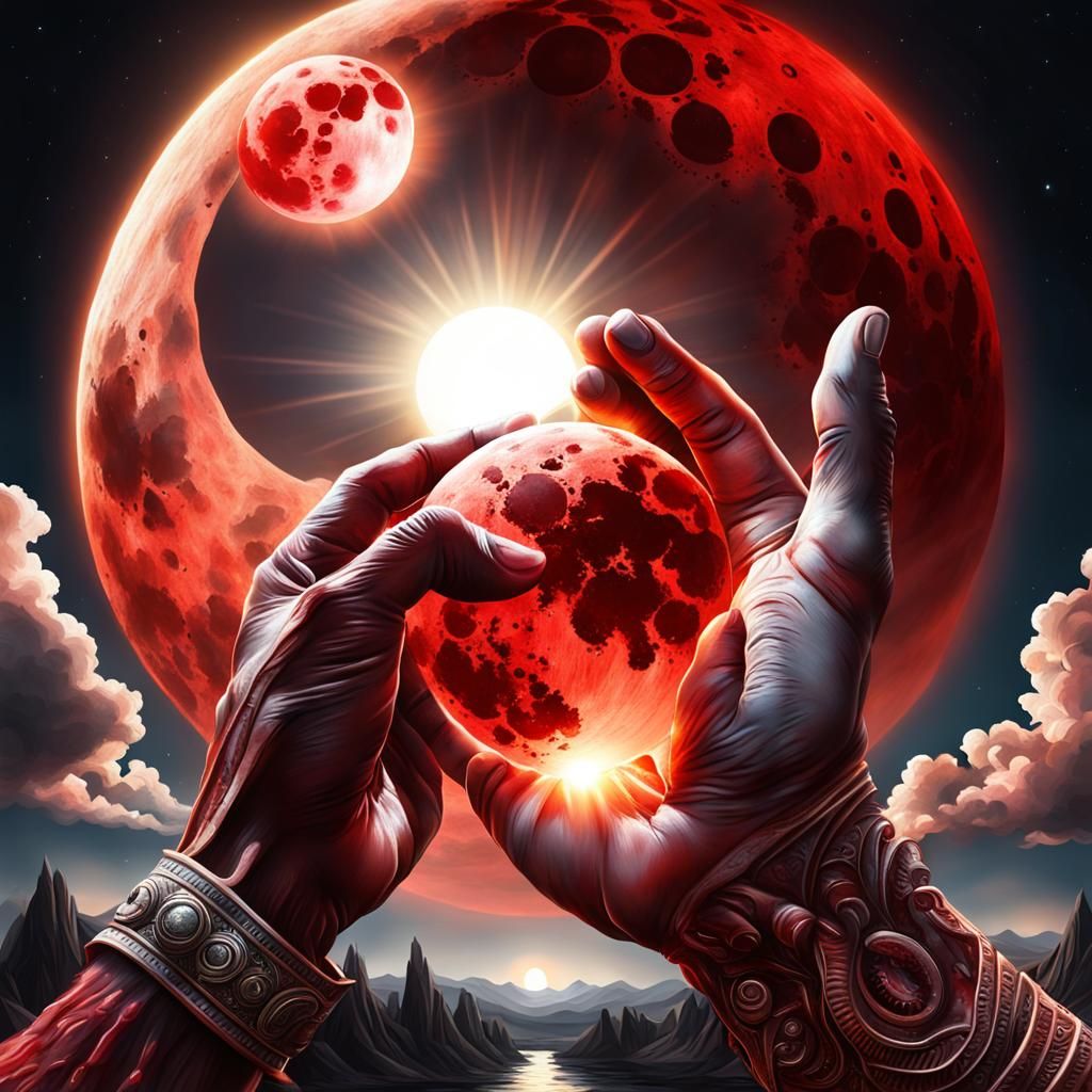 Giant Hands Holding Sun and Blood Moon