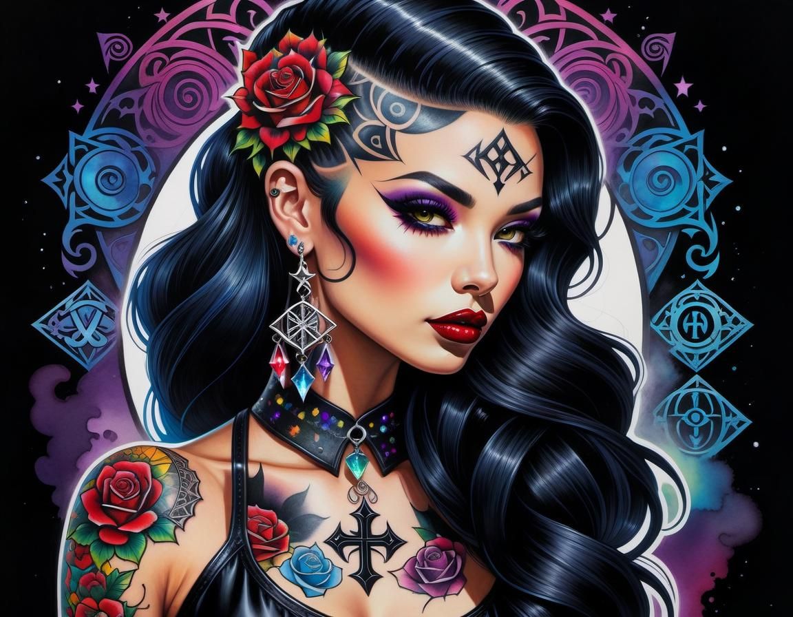 Gothic Latina Pinup Tattoo Art in Watercolor