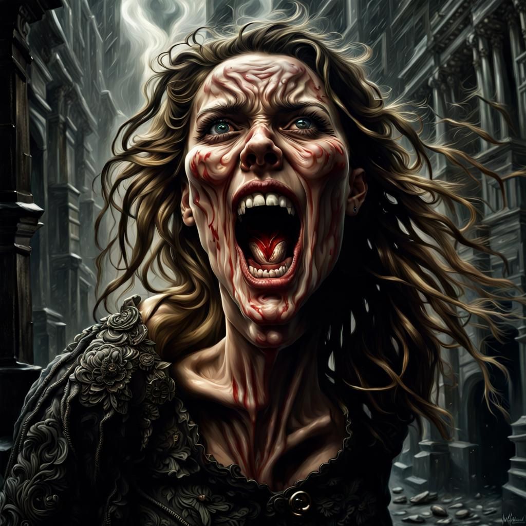 Terrified Woman's Reflection: A Dramatic Digital Painting