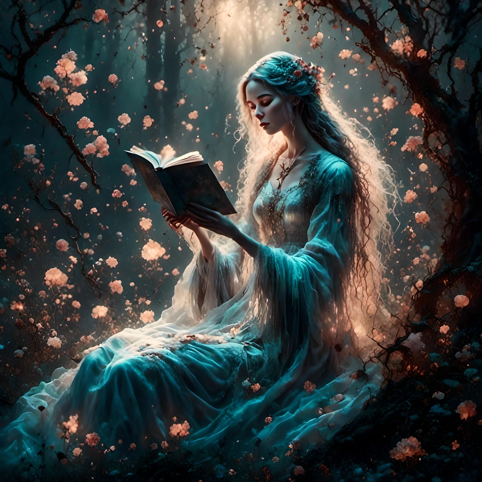 Ghostly Woman Reading in Dreamy Darkness