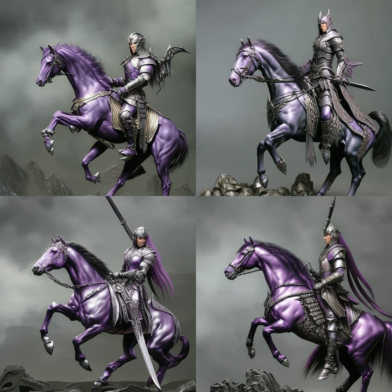 Hyperrealistic Knight in Purple Armor on Black Horse