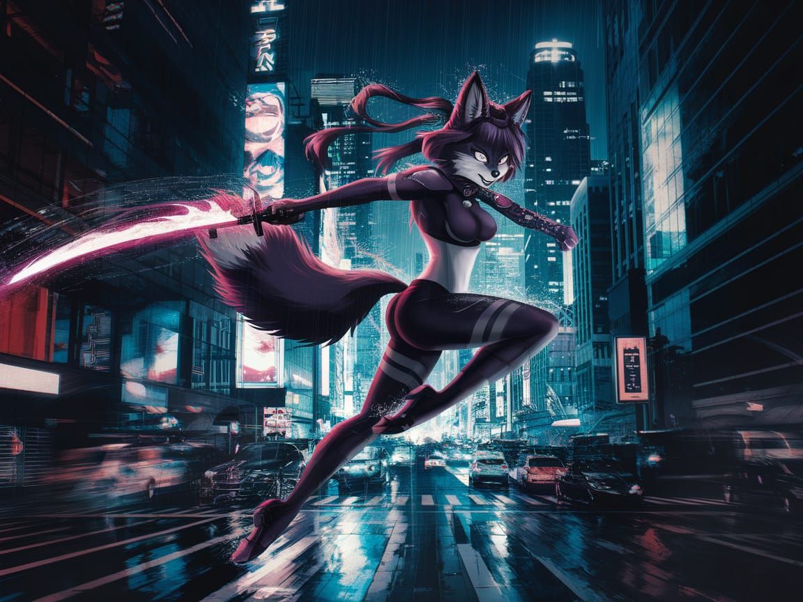 Cyberpunk Ninja Fox Leaps Through Neon Cityscape