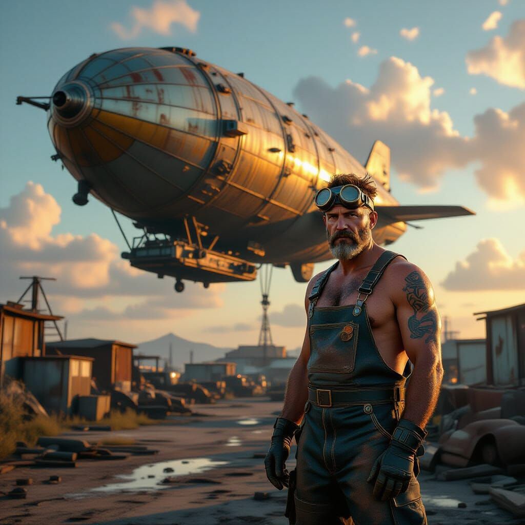 Dieselpunk Mechanic and Zeppelin in Junkyard at Sunset