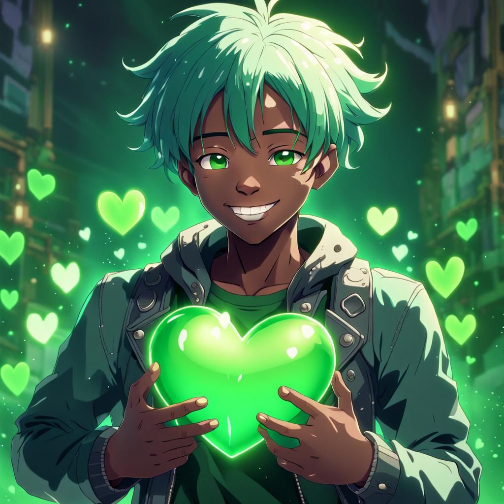 Smiling Man with Green Hair Holding Heart, Anime Style
