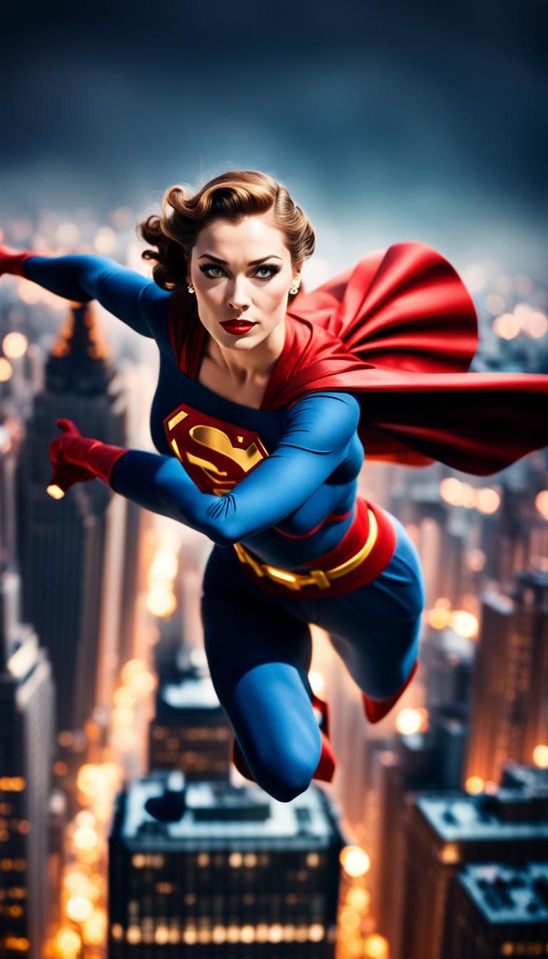 1950s Super Girl Flying Over Metropolis