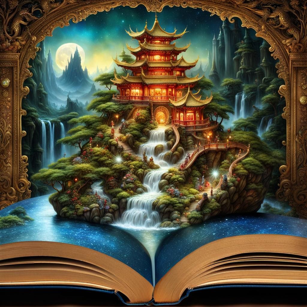 Miniature Chinese Wonderland Emerging from Open Book