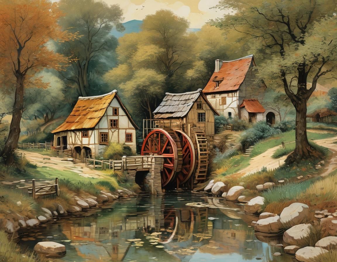 Idyllic Watermill in Lush Valley: Impressionist Style