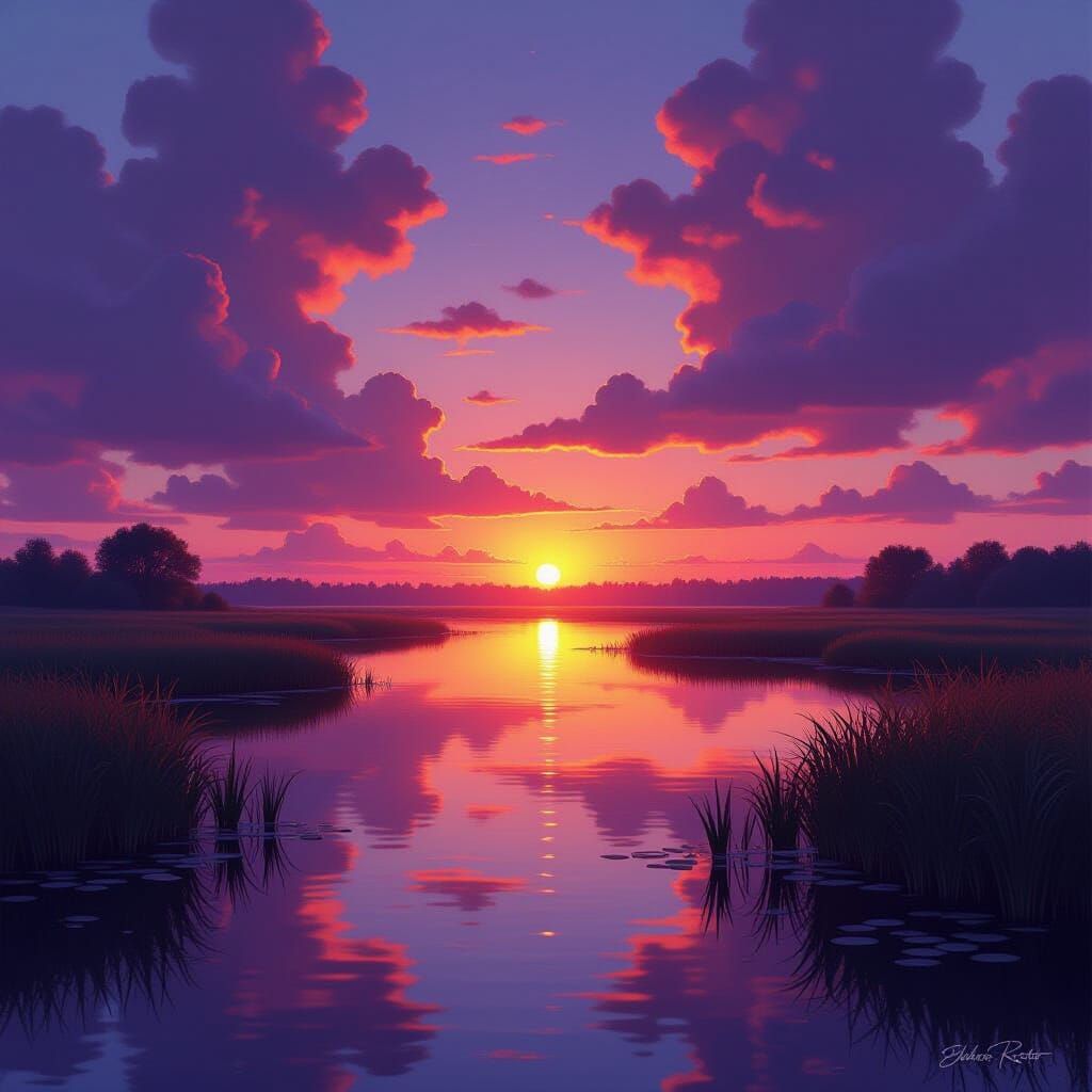 Serene Wetland Sunset Over Still Water