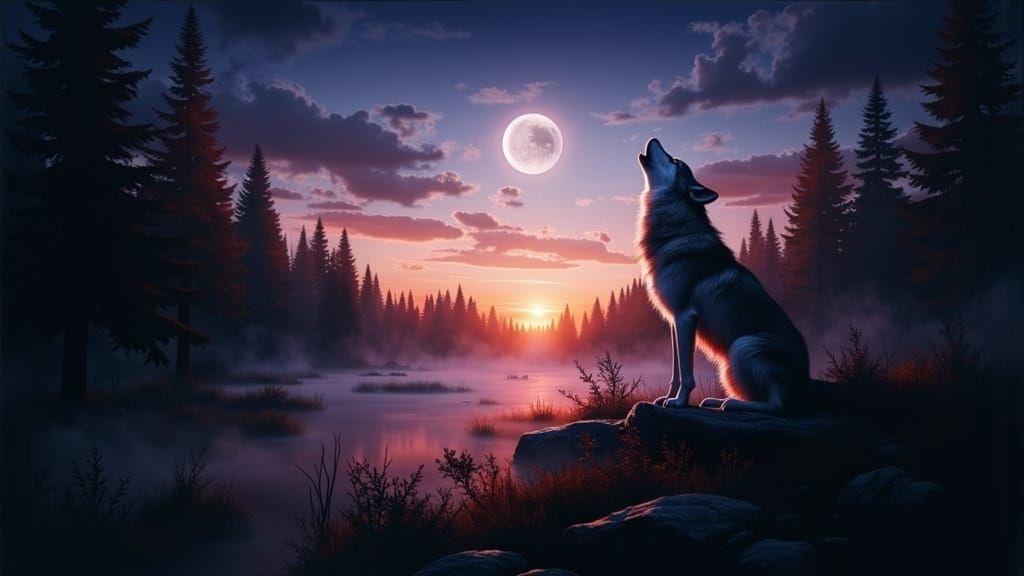 Lone Wolf Howls at Twilight in Surreal Forest