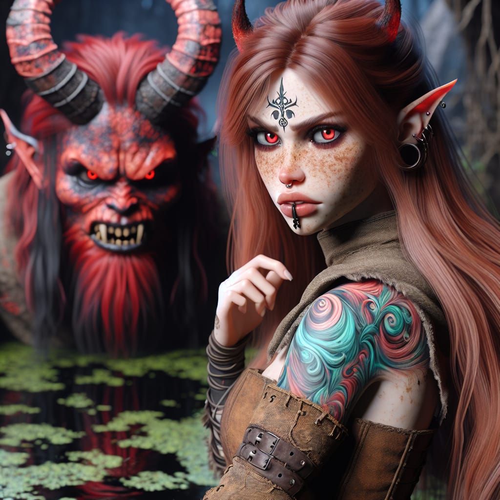 Angry Anime Demon in Grungy Swamp, Photorealistic Style