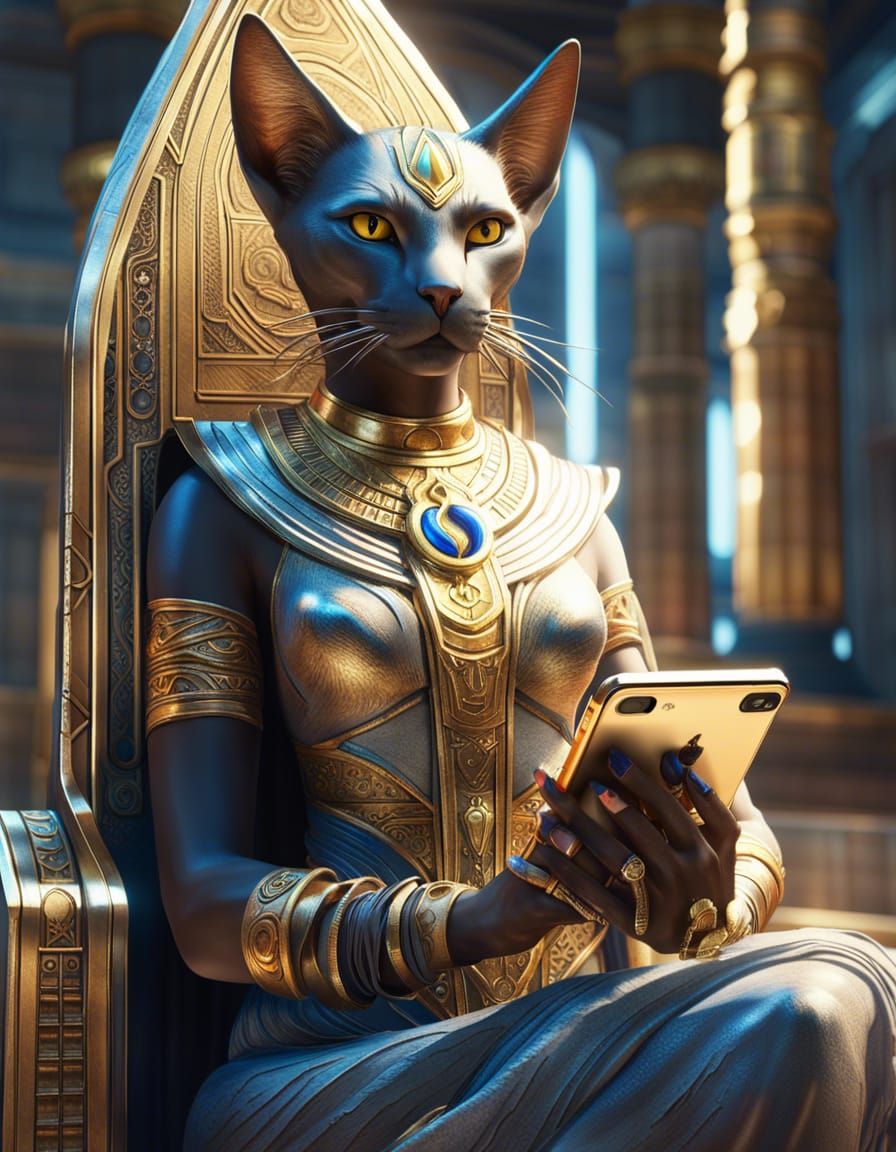Cat-Eared Goddess Bastet with iPhone in 3D
