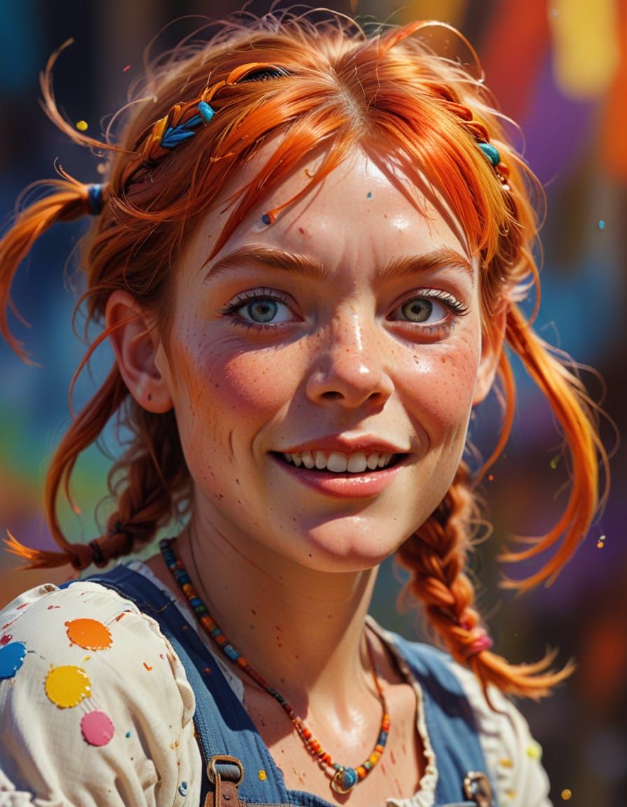 Hyperrealistic Pippi Longstocking Splash Art Portrait