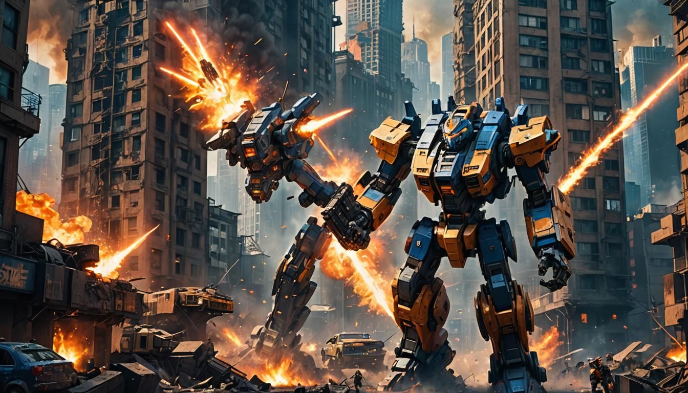 Mecha Battle in War-Torn Cityscape