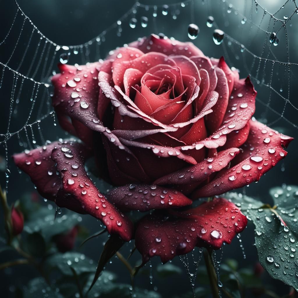Dew Drops on Rose in Spiderweb: Cinematic Digital Art