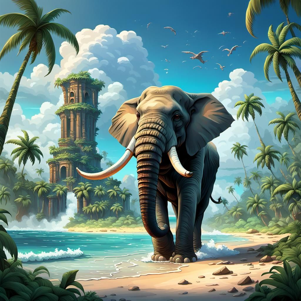 Tropical Island Ruled by Giant Elephants: Pixar Style