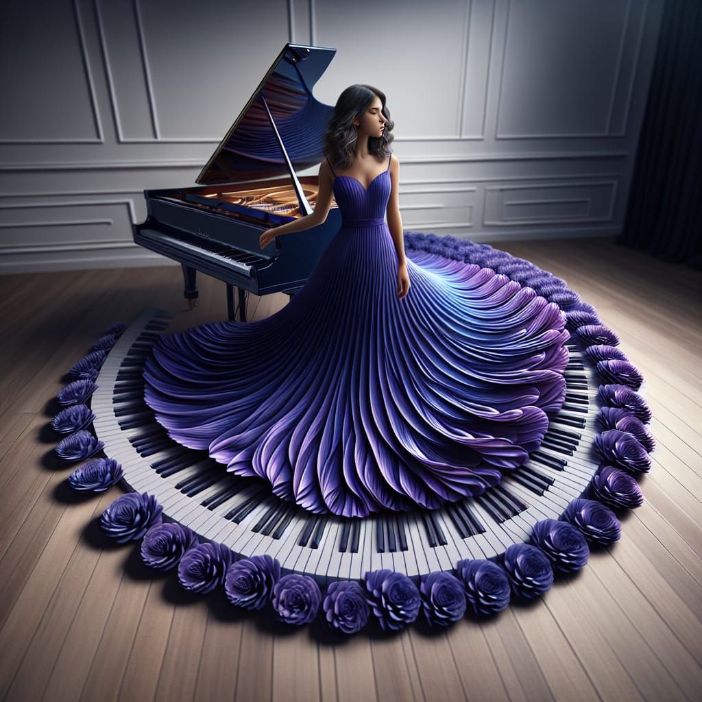 Hispanic Girl Melds with Piano in Hyperrealistic 4K