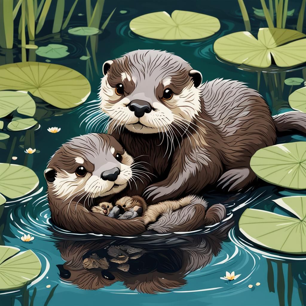 Chibi Baby Otter with Mother in Lily Pond