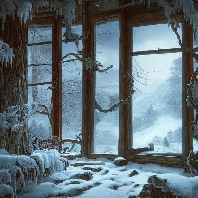 Cabin Window View on Snowy Mountain Evening