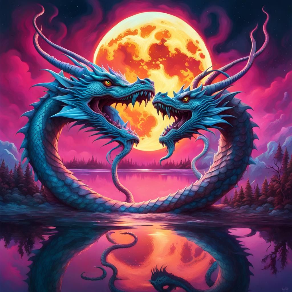 Bioluminescent Two-Headed Dragon Serpent in Graffiti Art