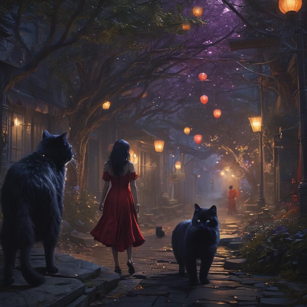 Fantasy Woman with Giant Sparkle Cat, Hyperrealistic Art