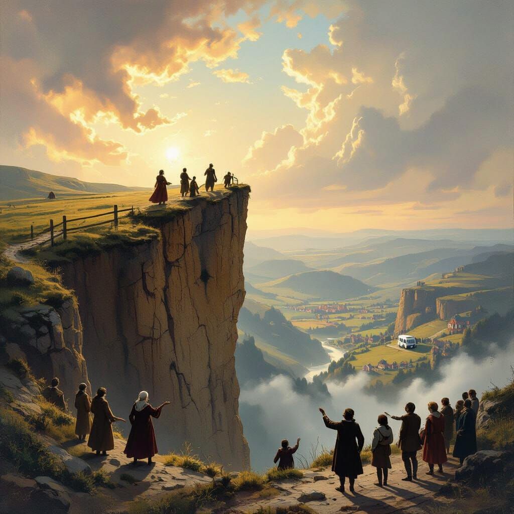 Perilous Cliff Edge Scene with Duke and Peasants