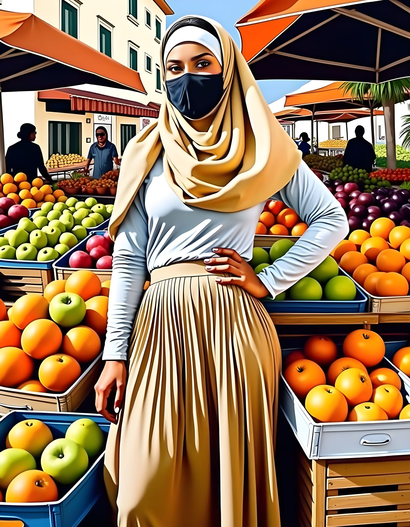 Charming Hijabi Woman in a Tropical Market