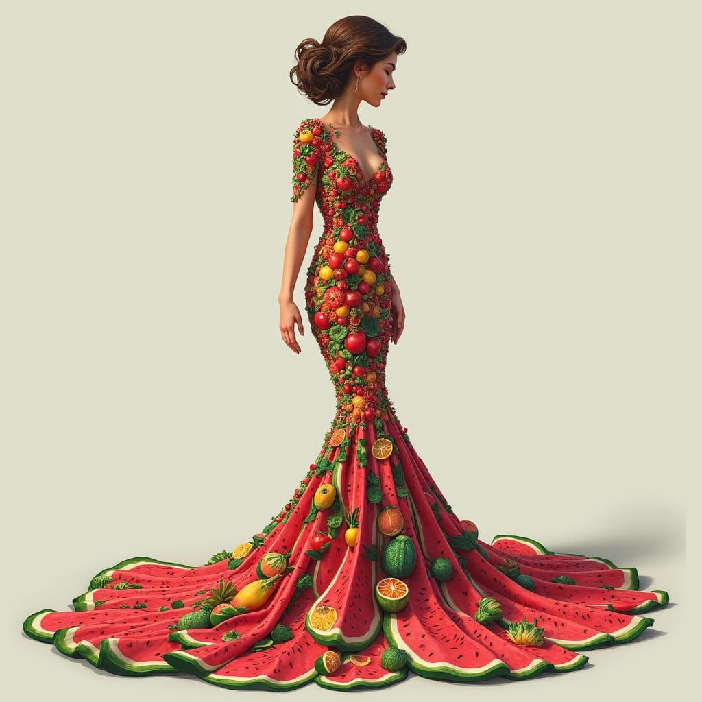 Woman in Fruit Mosaic Mermaid Gown, Digital Art