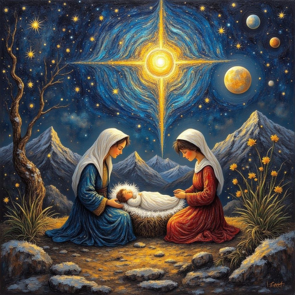 Nativity Scene in Neo-Impressionist Style Oil Painting