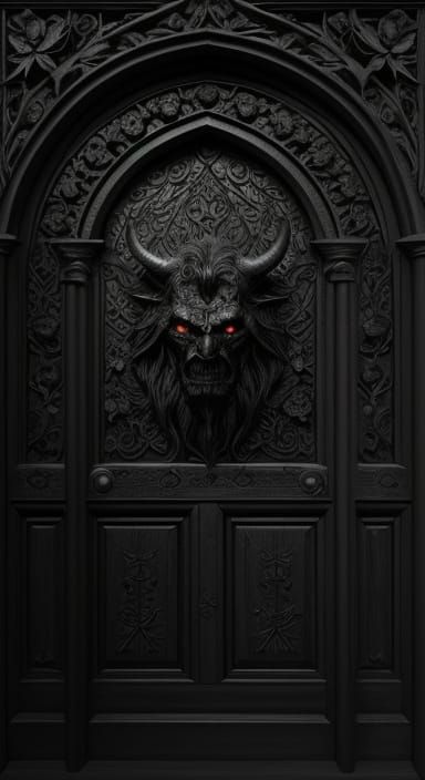Dark Fantasy Door with Devil's Head and Black Roses