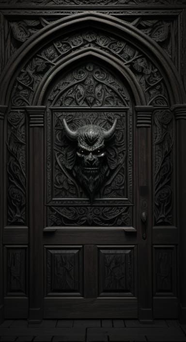 Dark Fantasy Door with Devil's Head in Intricate Bas-Reliefs