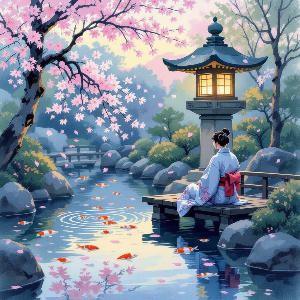 Japanese Tea Garden at Twilight, Watercolor Painting