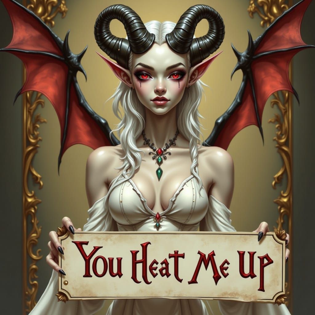 Elegant Demon Lady with Twisted Horns and Red Eyes, Holding ...
