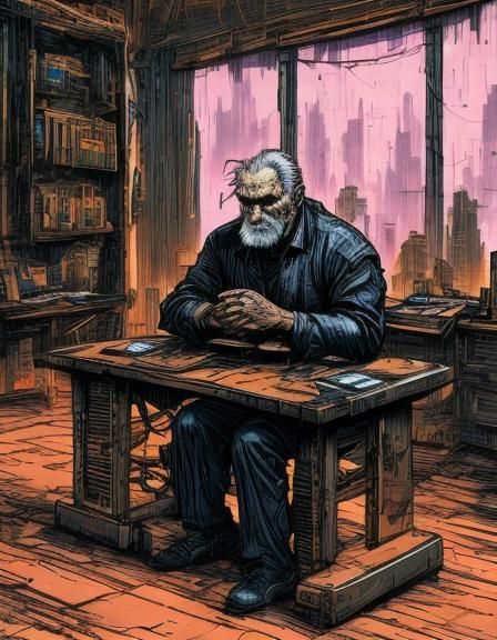 Cybernetic Veteran Portrait at Desk