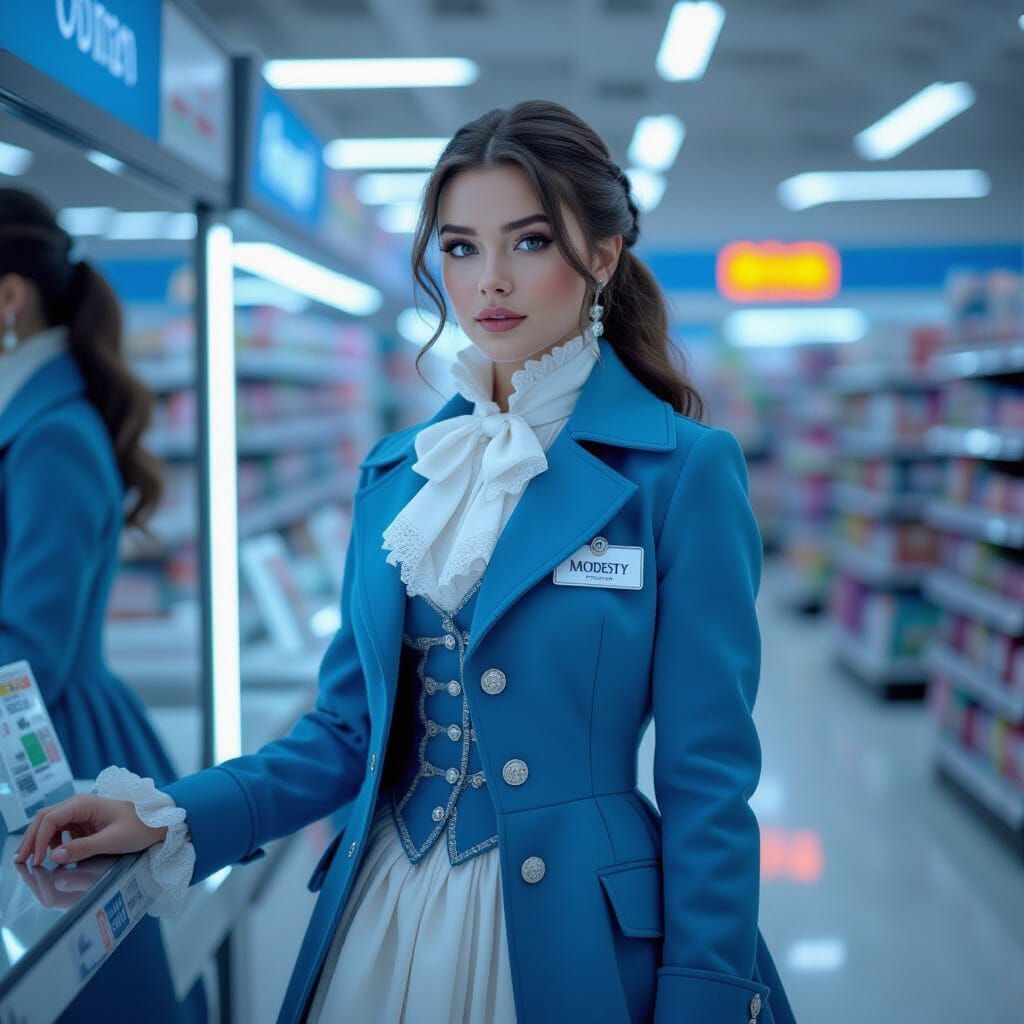 Hyperrealistic Woman in Victorian Dress at Walmart