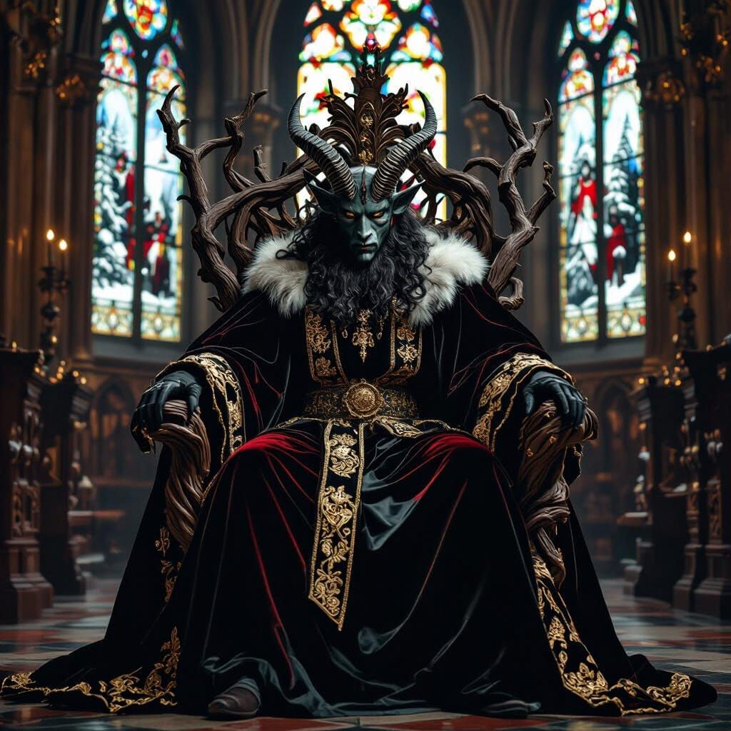 Regal Krampus on Branch Throne in Gothic Cathedral