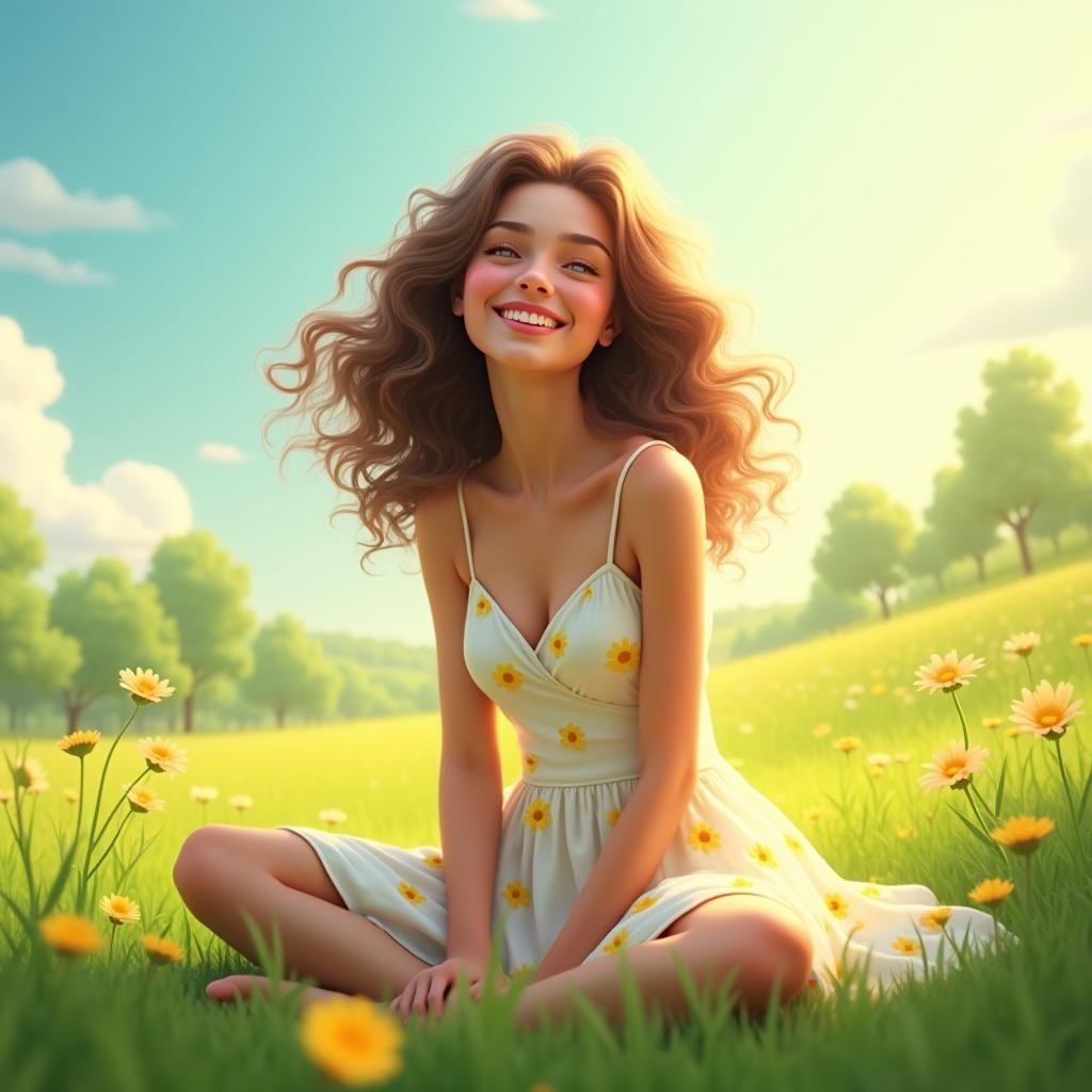 Young Woman in Daisy Dress, Pixar-Style Digital Art